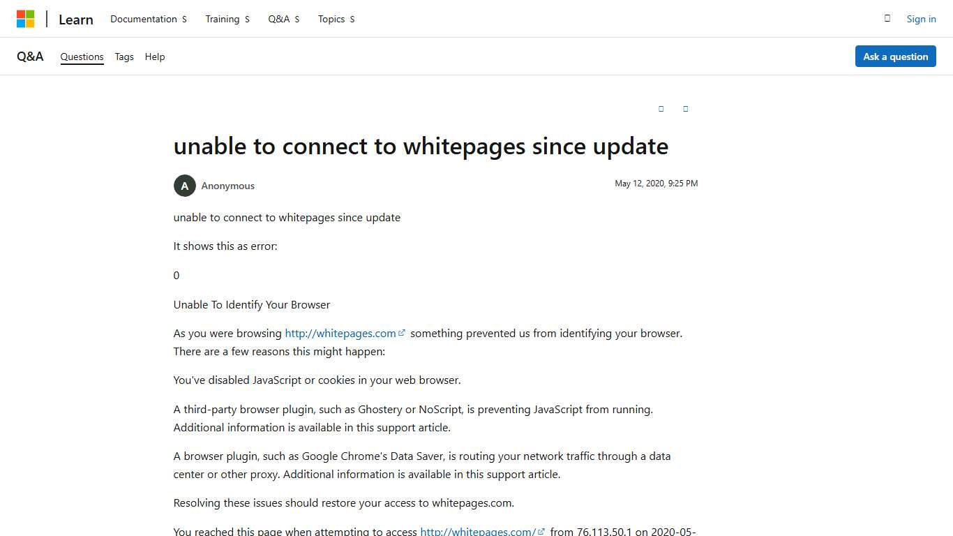 unable to connect to whitepages since update - Microsoft Q&A